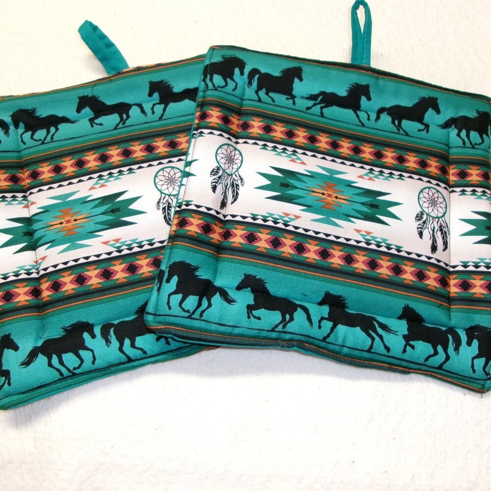 COPY - Handmade Potholders Pot holder Aztec Turquoois Horses
